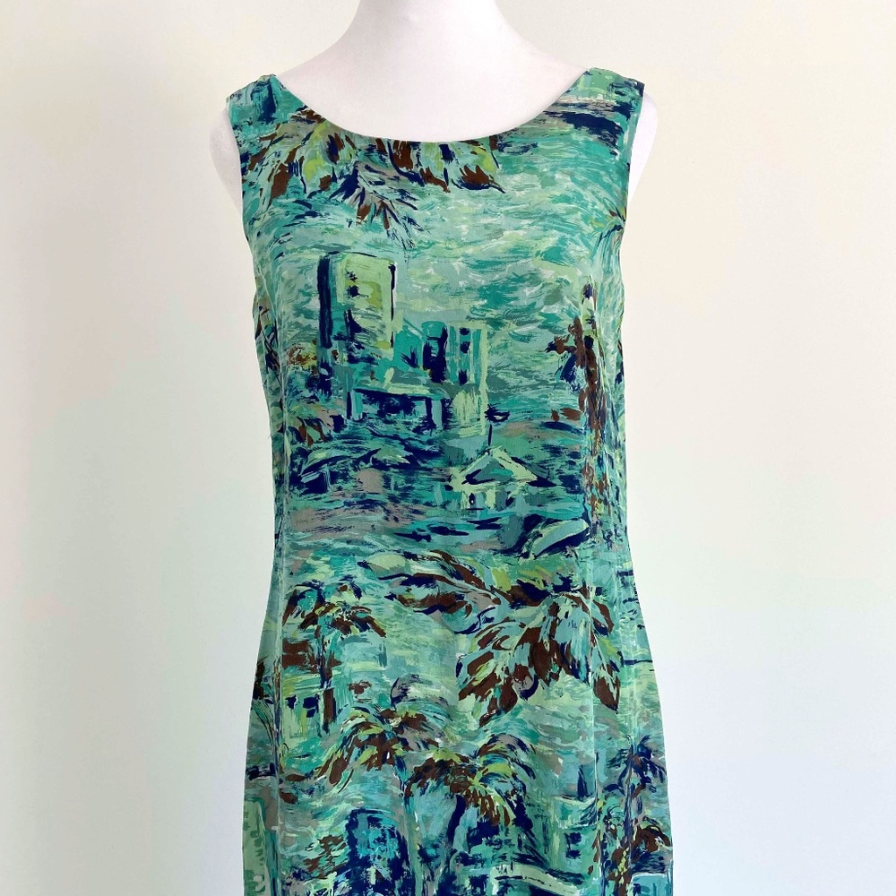 100% SILK MAXI DRESS SUMMER BEACHY VACATION SPRING RESORTWEAR TROPICAL ABSTRACT